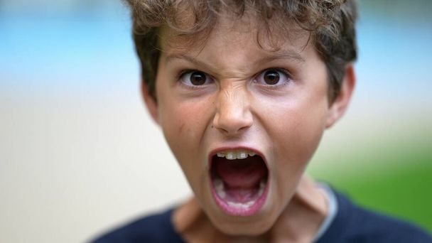 Vihainen nuori poika huutaa kameralle. Teini-ikäinen lapsi avaa suunsa huutaen vihasta. Raivostunut mies lapsi huutaa - Valokuva, kuva