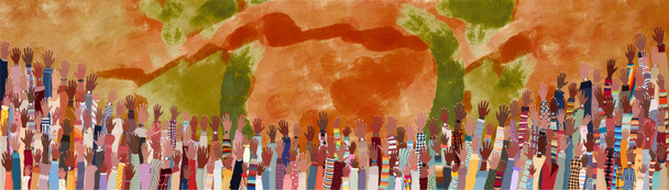 Molti uomini afroamericani pelle nera donne bambini anziani gruppo alzato le mani su sfondo colorato copia spazio. Manifesto del banner del mese di storia nera. Uguaglianza razziale.Gamma di età mista - Foto, immagini
