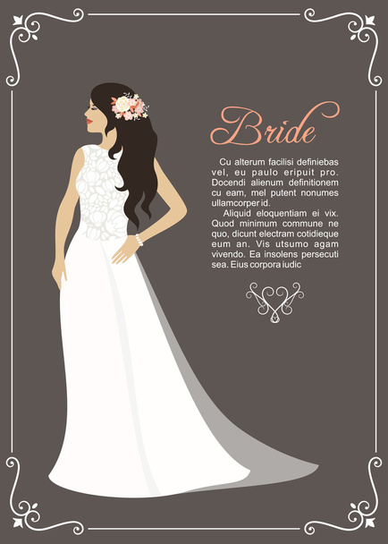 Lovely bride female in wedding dress. Vector design template for invitations or announcements - Vetor, Imagem