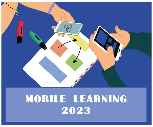 Design of the week of learning by mobile devices with hands using mobile phones in a classroom - Vector, imagen