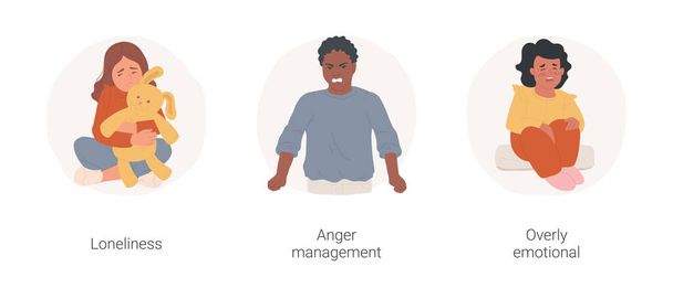 Difficulties with emotions isolated cartoon vector illustration set. Sad kid holds stuffed animal, suffering from loneliness, anger management, clenched fists, over emotional child vector cartoon. - Vecteur, image