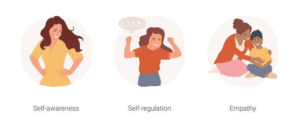 Emotional intelligence isolated cartoon vector illustration set. Self-awareness, confident woman, emotion regulation, child with clenched fist, show empathy, mom comfort kid vector cartoon. - ベクター画像
