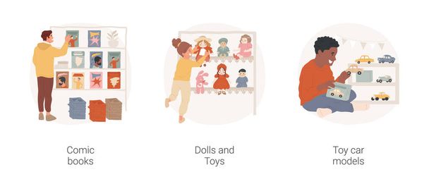 Collecting-based hobbies isolated cartoon vector illustration set. Comic book edition collection, girl with vintage dolls and toys, collecting retro toy car models, classic hobby vector cartoon. - Vector, afbeelding