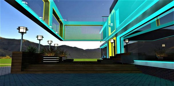 Cozy patio under swimming pool with glass bottom. Turquoise day illumination. Comfortable furniture on the deck with wooden steps against mountains landscape. 3d rendering. - 写真・画像