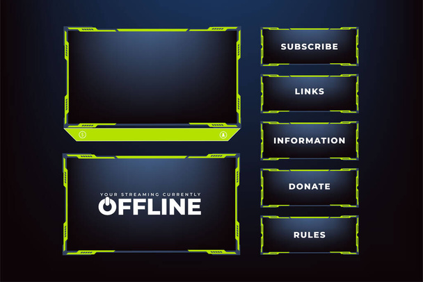 Live streaming overlay vector for online gamers. Online gaming frame vector with green color. Futuristic screen border design with an offline screen. Live broadcast screen decoration with buttons. - Vektör, Görsel
