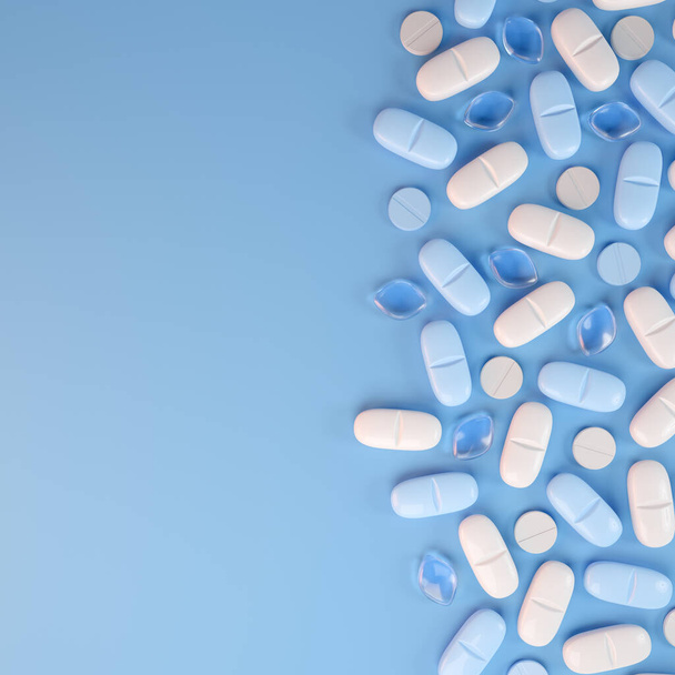 3D-Darstellung einiger blauer und weißer Tabletten, Pillen - Medizin auf blauem Hintergrund. - Foto, Bild
