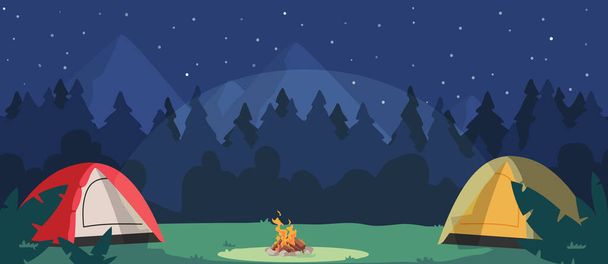Night Camping With Tents And Campfire. Tourist Place In Dark Forest. Cozy Traveler Halt On Nature Landscape With Trees And Dark Starry Sky Scenery View. Camp Hiking Scene. Cartoon Vector Illustration - Vector, Image