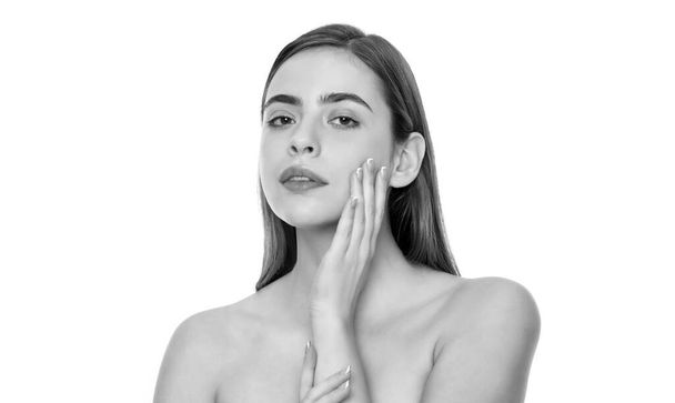 young lady touch perfect face skin with hand isolated on white background, skincare. - Fotografie, Obrázek