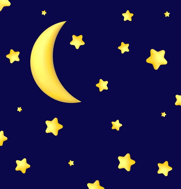 Srpek měsíc, zlaté hvězdy a bílé mraky 3D styl izolované na modrém pozadí. Sen, ukolébavka, design pozadí snů pro banner, brožuru, plakát. Vektorová ilustrace EPS10 - Vektor, obrázek