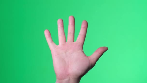 Mannelijke hand zwaaiend. Gebaren van een jongeman. Menselijke hand op een groene achtergrond. - Video