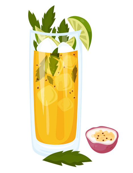 Passiefruit Mojito tropische Cubaanse cocktail. Mojitos zomercocktail in glas met ijsblokjes, munt en limoen. Vector illustratie Latijns-Amerikaanse drank in cartoon stijl voor ontwerp en decoratie - Vector, afbeelding