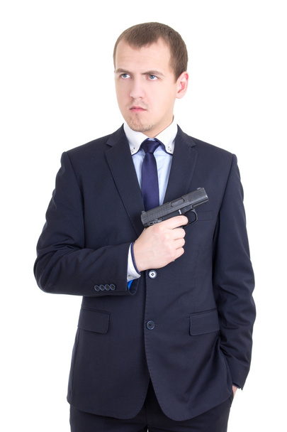 Silahlı beyaz izole iş elbiseli ciddi adam - Fotoğraf, Görsel