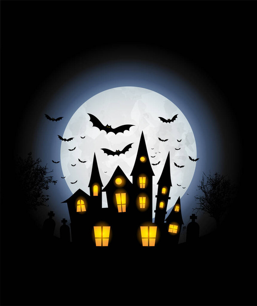 Haunted house with glowing windows, gravestones and flock of bats against shining moon - vector illustration - Vector, imagen
