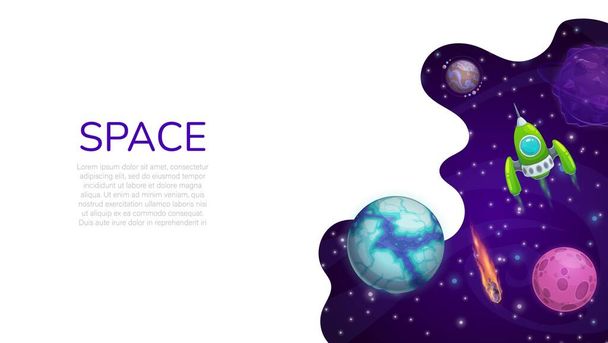 Pagina di destinazione spazio, cartoni animati galassia pianeti spaziali e razzo. Disegno di banner web vettoriale con astronave che vola nell'universo con stelle, comete e pianeti alieni. Educazione astronomica, missione di colonizzazione - Vettoriali, immagini