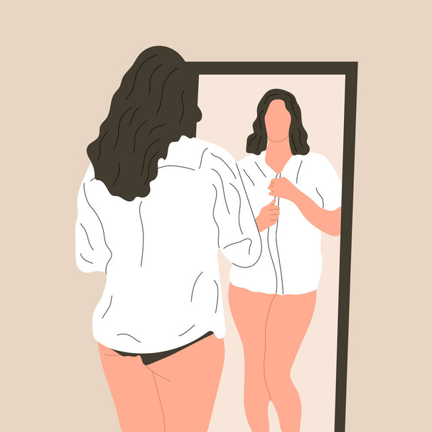 Beautiful plus size woman looking in mirror at home. - Vector, Image