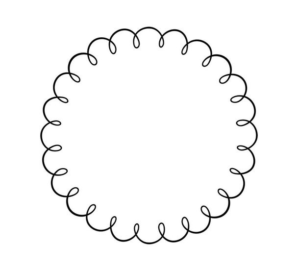 Doodle circle scalloped frame. Hand drawn scalloped edge ellipse shape. Simple round label form. Flower silhouette lace frame. Vector illustration isolated on white background. - Vector, Image