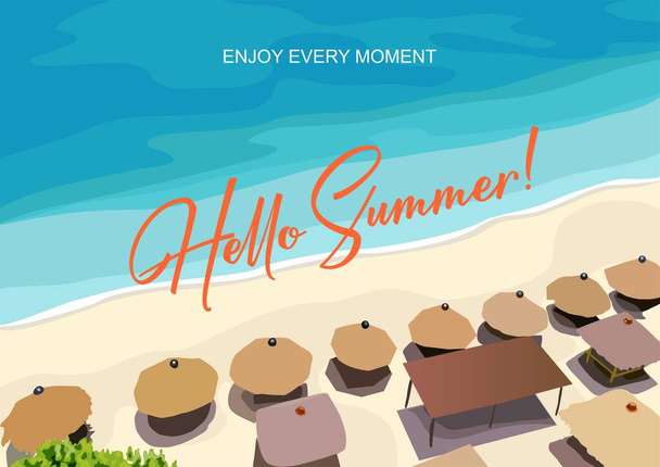 Summer background. Top view of an exotic empty beach with umbrellas. A place for your project. Golden sands with sea waves. Hello summer. Vector illustration. - Vector, imagen