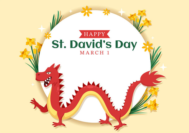 Feliz Dia de São Davi em 1 de março Ilustração com Dragões Galeses e Daffodils Amarelos para Landing Page em Modelos Desenhados à Mão de Desenhos Animados Planos - Vetor, Imagem