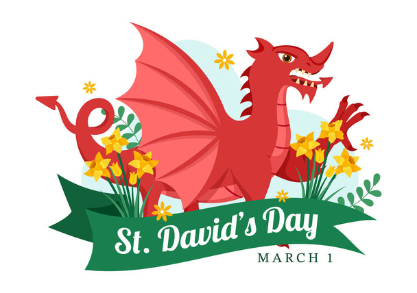 Happy St David's Day on March 1 Illustration with Welsh Dragons and Yellow Daffodils for Landing Page in Flat Cartoon Hand Drawn Templates - Vector, Image