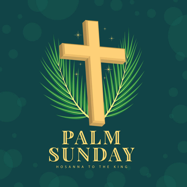 Palm sunday, hosanna to the king - золотой 3D cross crucifix sign with star light around and two palm leaves on dark green fone. - Вектор,изображение