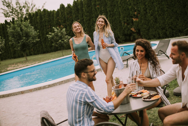 Ομάδα από χαρούμενους νέους που ζητωκραυγάζουν με μηλίτη δίπλα στην πισίνα στον κήπο - Φωτογραφία, εικόνα