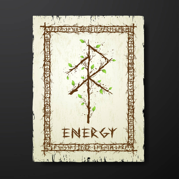 Gele oude grunge papieren textuur met abstracte Scandinavische bindrune met houten takken en bladeren. Viking runes rechthoek frame en tekst voor betekenis Energie - Vector, afbeelding