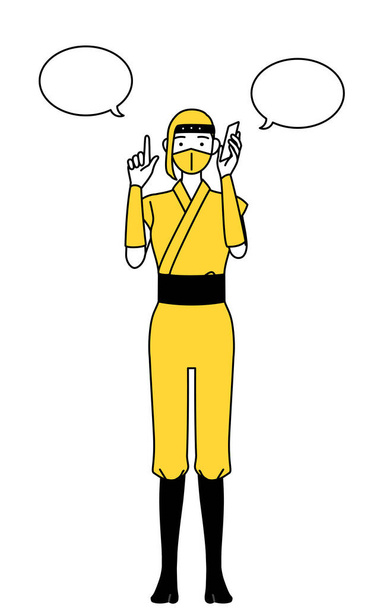 A woman dressed up as a ninja pointing while on the phone. - Vector, Imagen