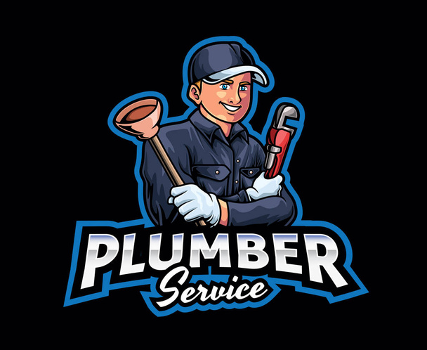 Plumber Mascot Logo Design. Plumber Mascot Illustration, A Skilled and Reliable Worker, Expert in Solving All Plumbing Issues - Vektor, Bild