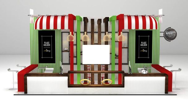 Creative food exhibition stand design. Trade booth template. Corporate identity 3D Render - Foto, Imagen