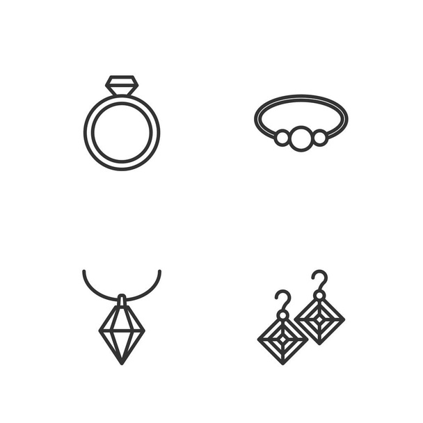 Set line Earrings, Pendant on necklace, Diamond engagement and Bracelet jewelry icon. Vector - Vektor, obrázek
