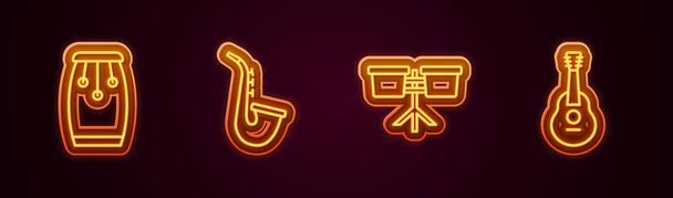 Set line Conga drums, Saxophone, Bongo and Guitar. Glowing neon icon. Vector - Vettoriali, immagini