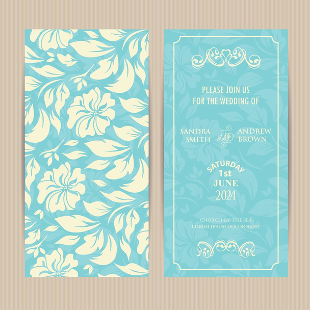 青の背景に白い花の結婚式の招待カード. - ベクター画像