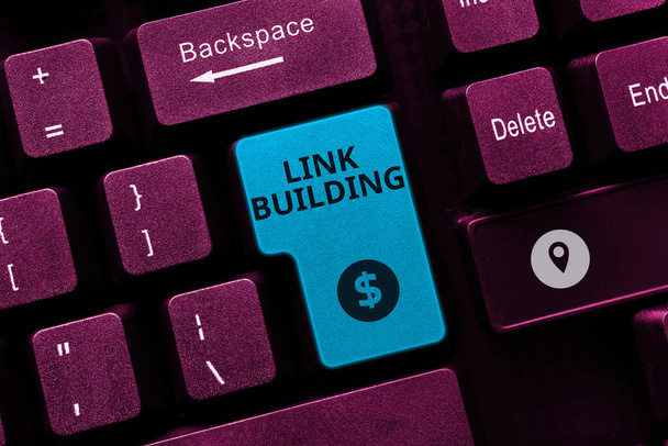Знак ручной записи Link Building, Business showcase SEO Term Exchange Links Acquire Hyperlinks Indexed - Фото, изображение