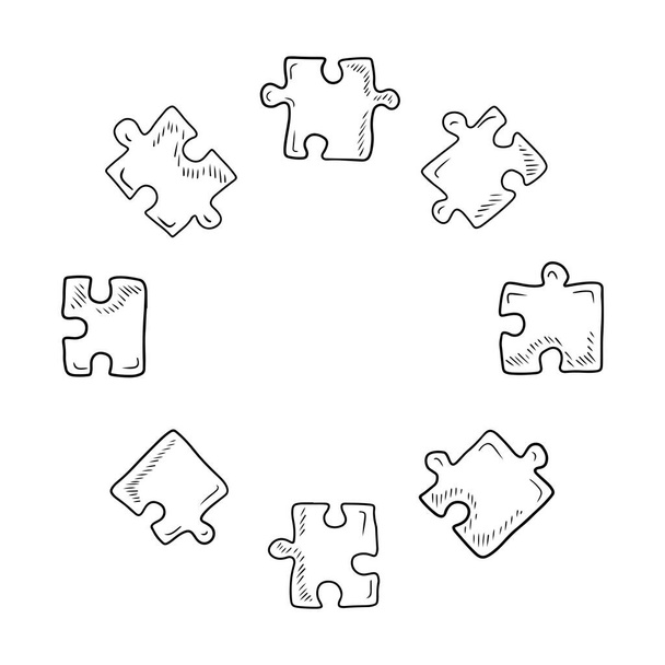 Кругла рамка з порожнім простором для тексту, зробленого з шматочків головоломки на білому тлі. Рука намальована Векторна ескізна ілюстрація в гравюрі каракуля начерки вінтажного стилю лінії мистецтва. Розв'язок, символ аутизму
 - Вектор, зображення