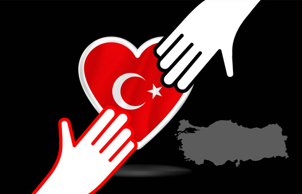 Eine Hilfe für die Erdbebenopfer. Im Herzen. Türkische Flagge. Erdbeben in der Türkei. Schwere Erdbeben im Osten der Türkei am 6. Februar 2023. - Vektor, Bild