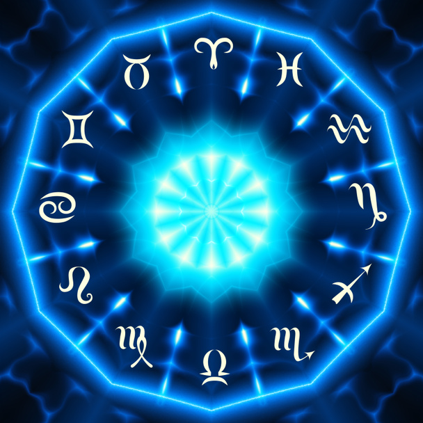 Magischer Kreis mit Sternzeichen auf abstraktem blauen Hintergrund. Tierkreis - Foto, Bild