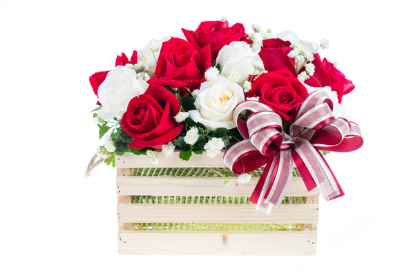 Red and white rose in a wooden basket with beautiful ribbon, gif - Photo, Image