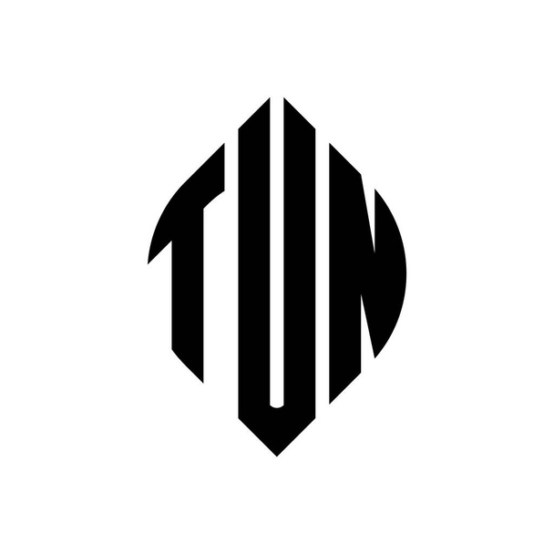 Конструкция логотипа круга TUN с формой круга и эллипса. Эллипсовые буквы TUN с типографским стилем. Три инициала образуют логотип круга. Абстрактная монограмма круга TUN Знак вектора. - Вектор,изображение