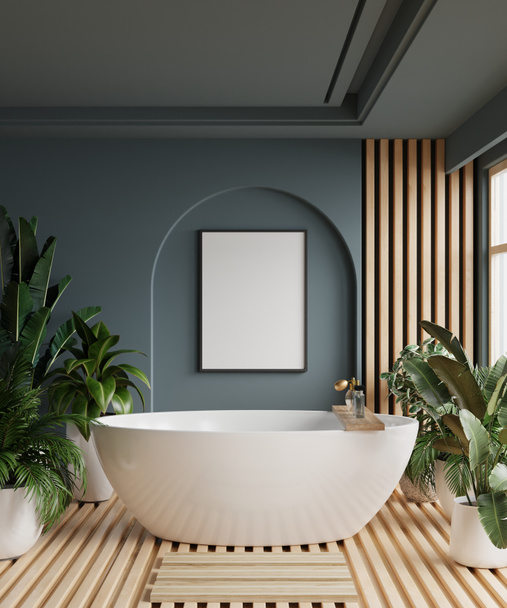 Poster frame mockup in cozy dark blue bathroom interior background.3d rendering - Fotó, kép