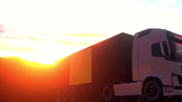 Teherautók Belgium zászlajával. Belgiumból származó teherautók berakodása vagy kirakodása a raktár dokkjában. - Felvétel, videó