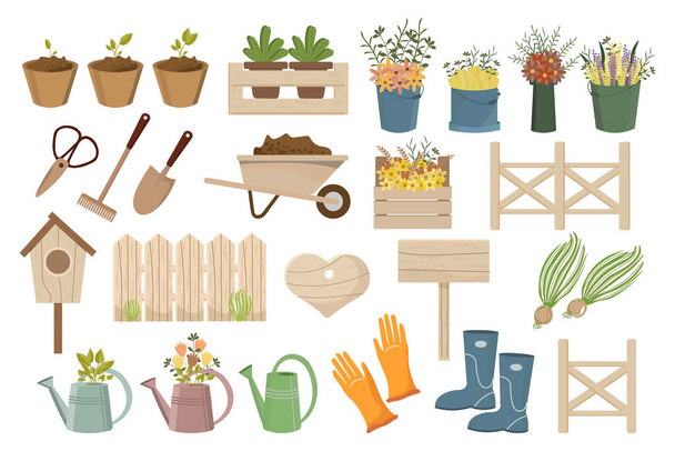 Garden set, garden wheelbarrow, shovel, rake, boots, gloves, watering cans, birdhouse, wooden signs, plants and fences. Icons, spring illustration, vector - Vecteur, image