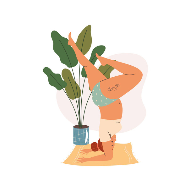Woman doing yoga at home. Self time concept illustration - Vector, Imagen