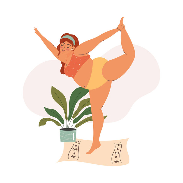 Mujer haciendo yoga en casa. Auto tiempo concepto ilustración - Vector, Imagen