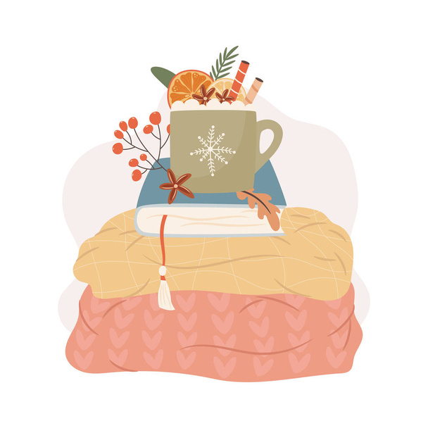 Уютная зимняя иллюстрация с горячей украшенной кружкой какао и теплыми свитерами. Векторная иллюстрация  - Вектор,изображение