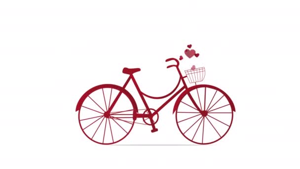 Valentines Day. Bicycle animation. Animated red bicycle and love hearts flying from bicycle basket isolated on white background. - Filmati, video