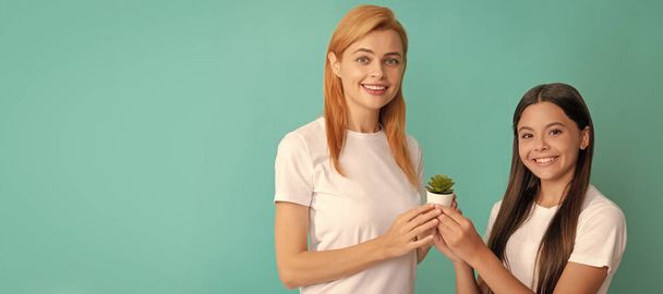 Mother and daughter child banner, copy space, isolated background. Happy woman mother and daughter child smile holding pot plant blue background, mothering - Foto, immagini