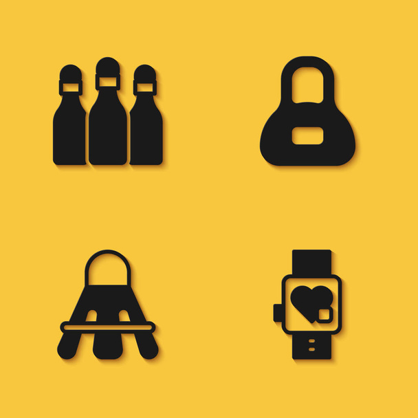 Set Bowling pin, Smart watch with heart, Badminton shuttlecock and Weight icon with long shadow. Vector - Vector, imagen