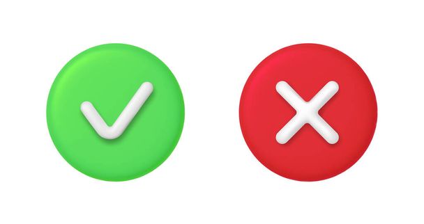 3D Right and Wrong Button in Round Shape. Green Yes and Red No Correct Incorrect Sign. Checkmark Tick Rejection, Cancel, Error, Stop, Negative, Agreement Approval or Trust Symbol. Vector Illustration eps 10 - Vector, Imagen