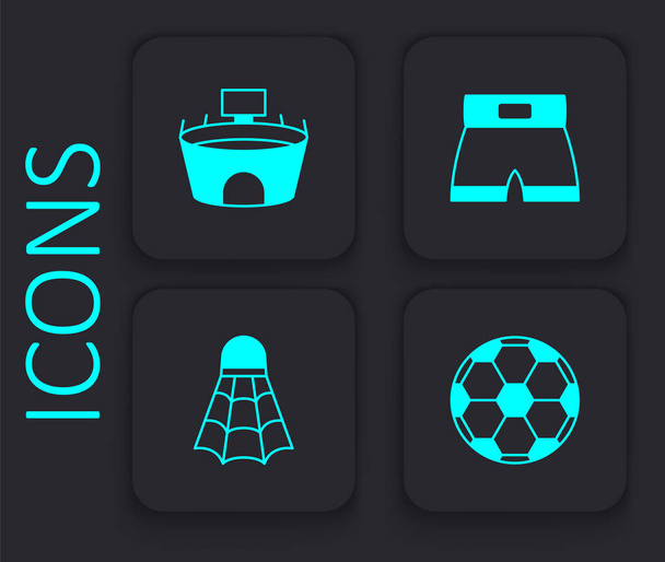 Set Soccer football ball, Stadium, Boxing short and Badminton shuttlecock icon. Black square button. Vector - ベクター画像