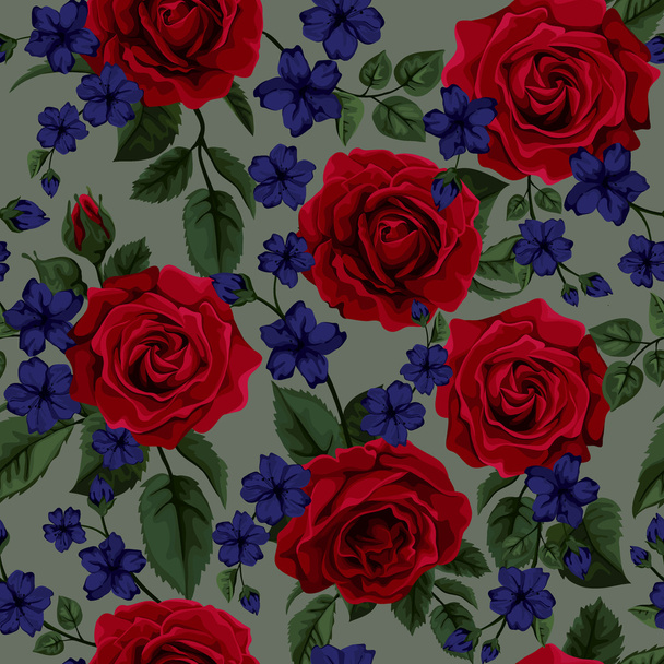 Бесшовный рисунок обоев с розами и другими цветами на фоне дизайна, векторная иллюстрация
. - Вектор,изображение